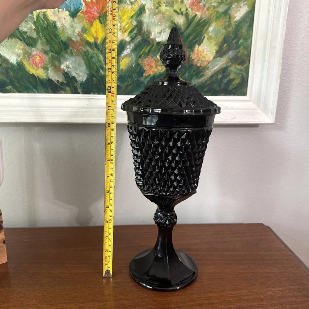 Vintage Black Amethyst Glass Candy Dish with Lid Diamond Point Pedestal Jar 15" - Picture 2 of 4